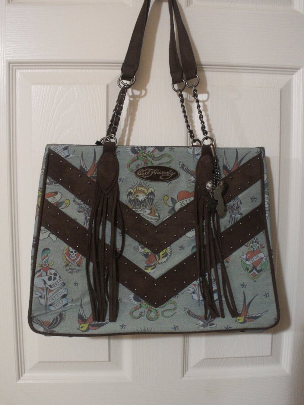 Ed Hardy Tattoo Print Brown Fringe Shoulder Tote